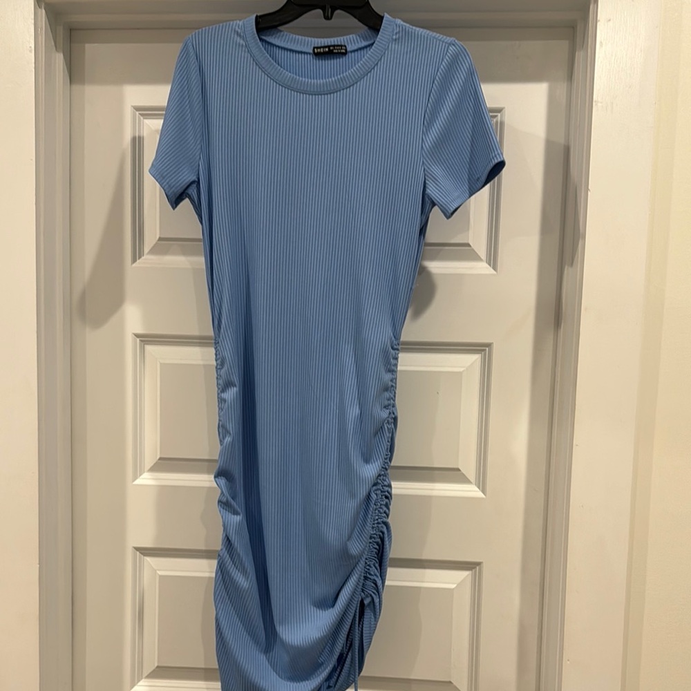 SHEIN Blue Ruched Midi Sheath Dress